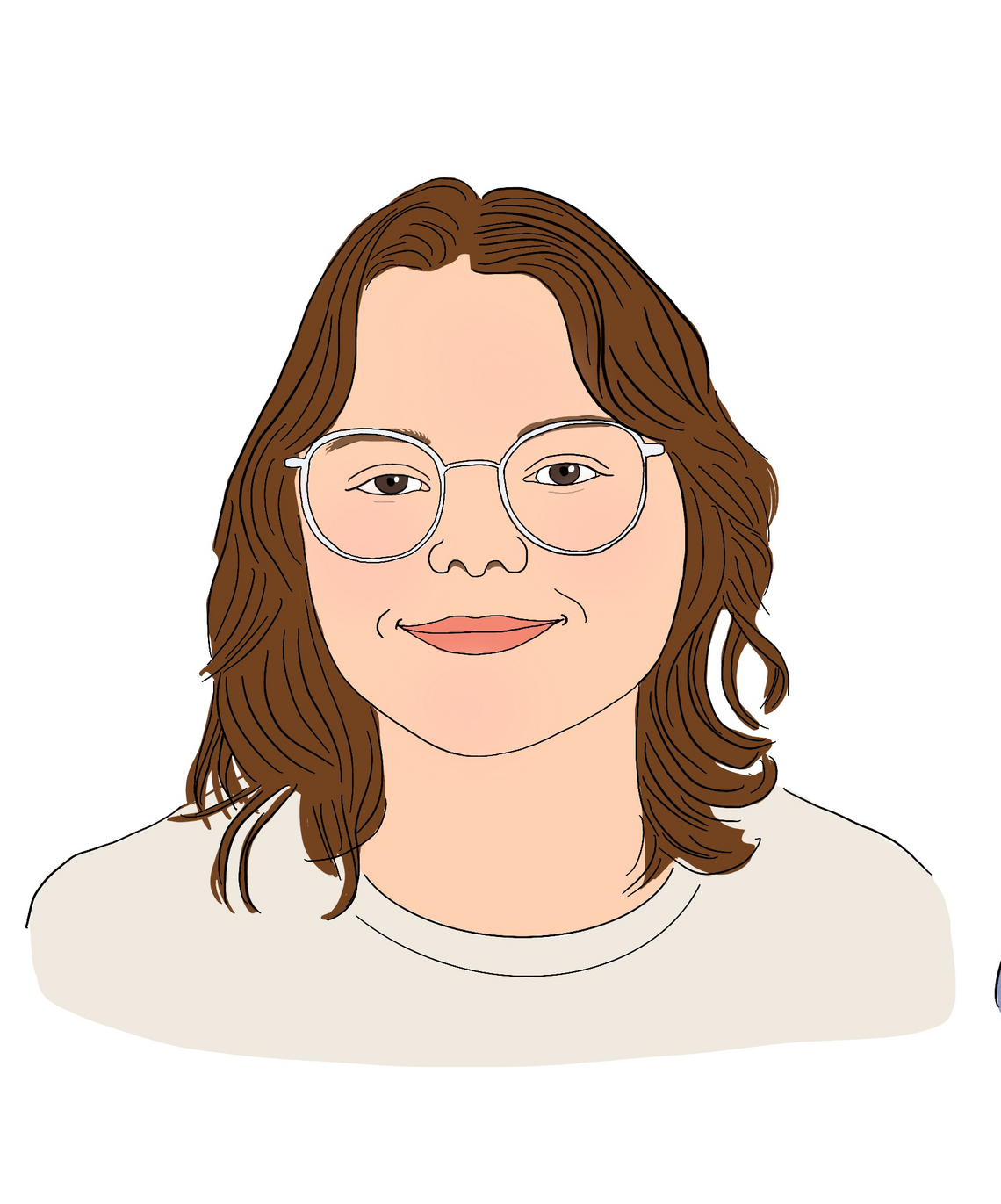 Ameilia Illustration - a white woman with short brown hair and round glasses smiling.