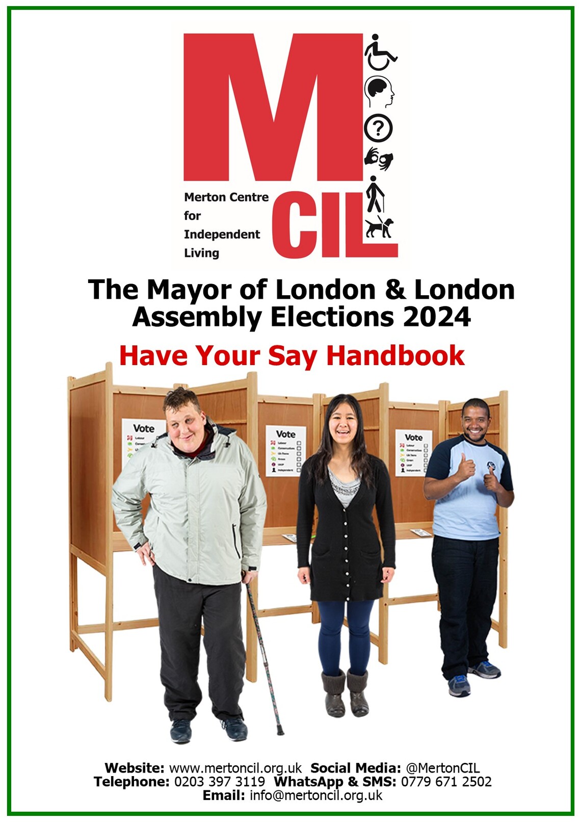 Have your say handbook cover - The cover with three individuals infron of wooding voting booths within a polling station. 