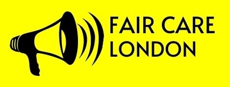 Fair Care London Logo - yellow background with black text saying fair care london and a black speakerphone 